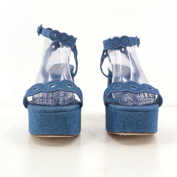 Larroude Women 11 Dolly Broderie Sandal Blue Stoned Denim Platform Ankle Strap - Picture 4 of 11